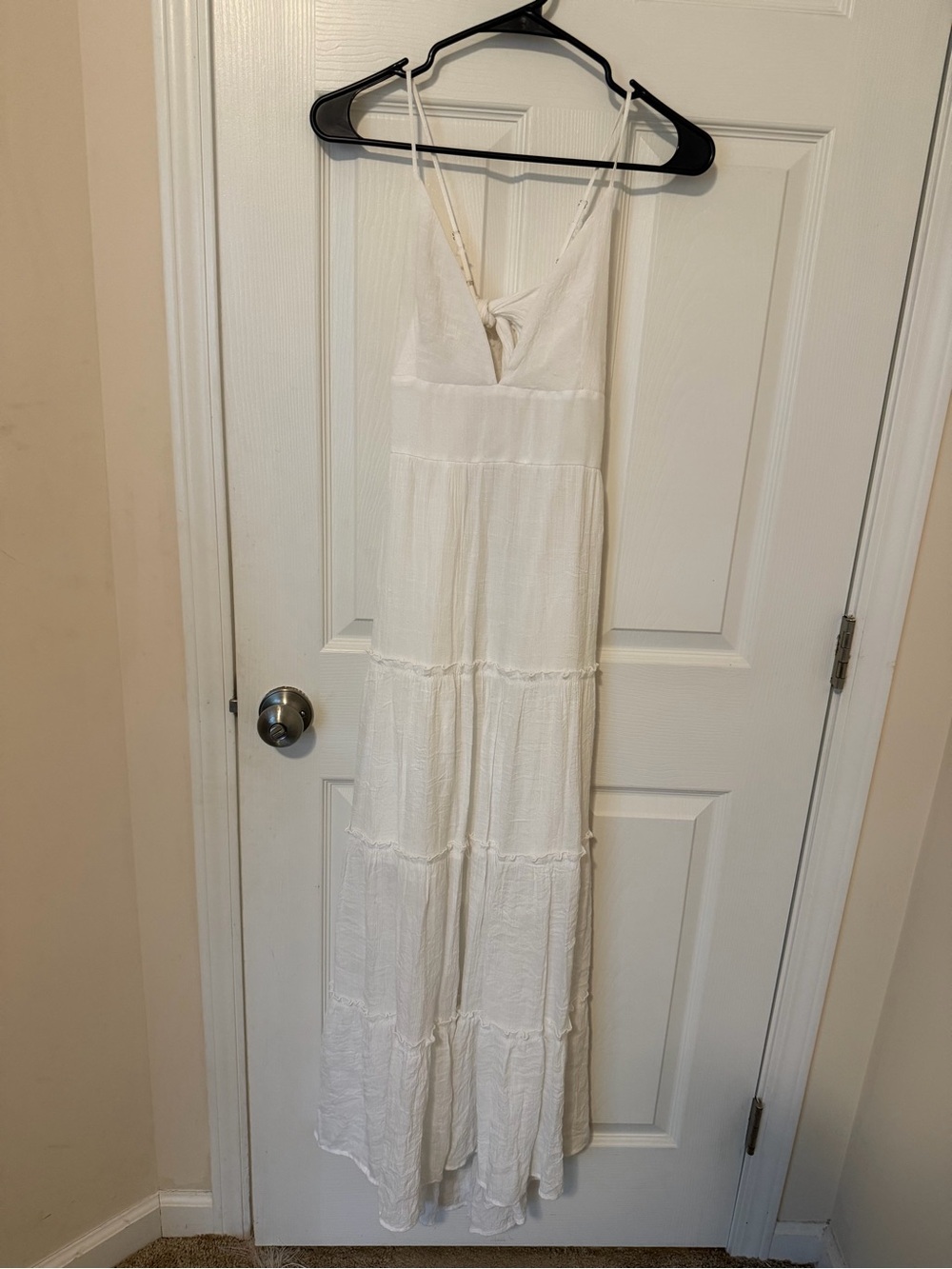 Altar'd State White Tiered Maxi Dress with V-Neck and Tie Back
